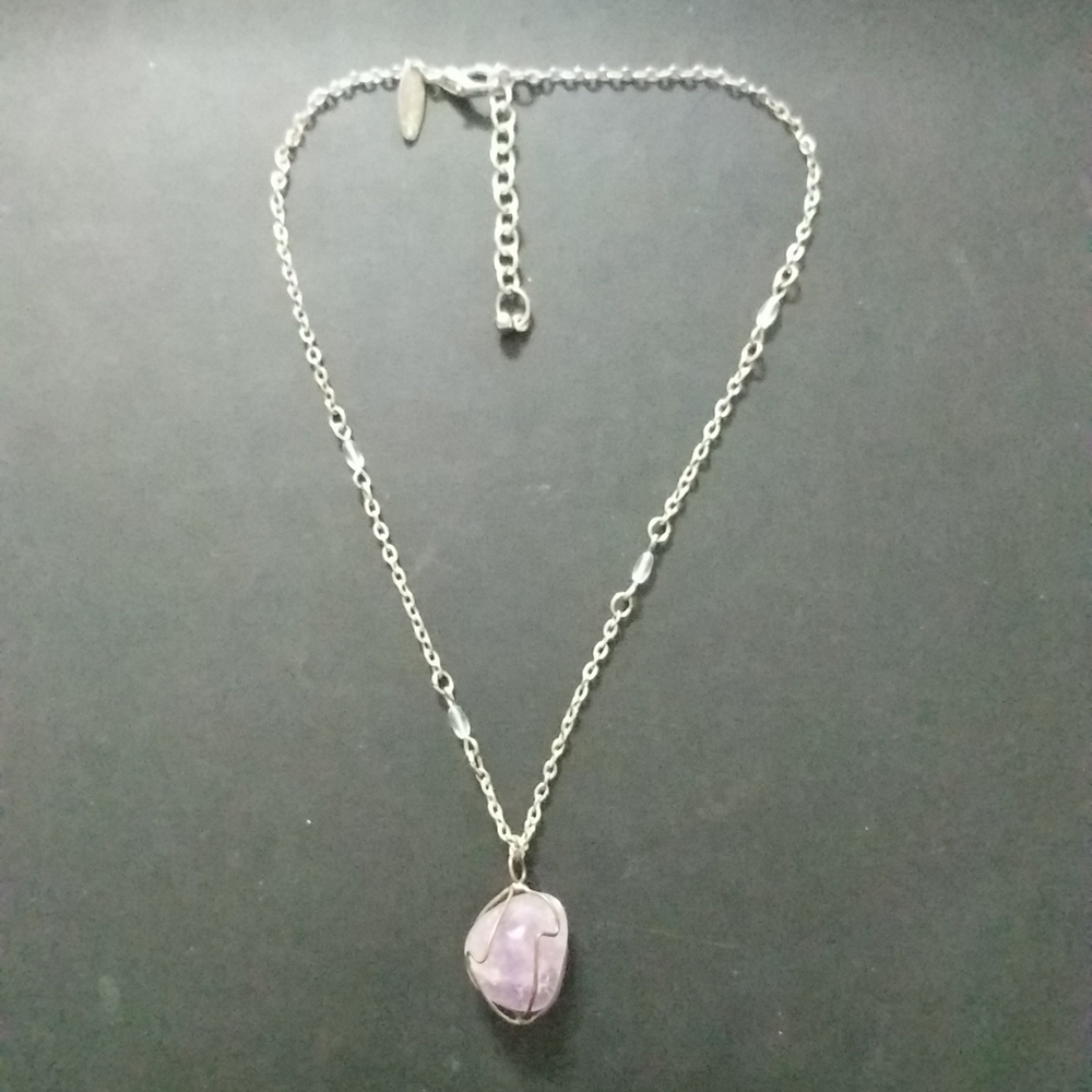 Soho Design Silver Tone Wire Wrapped Amethyst Polished Gemstone Pendant Necklace